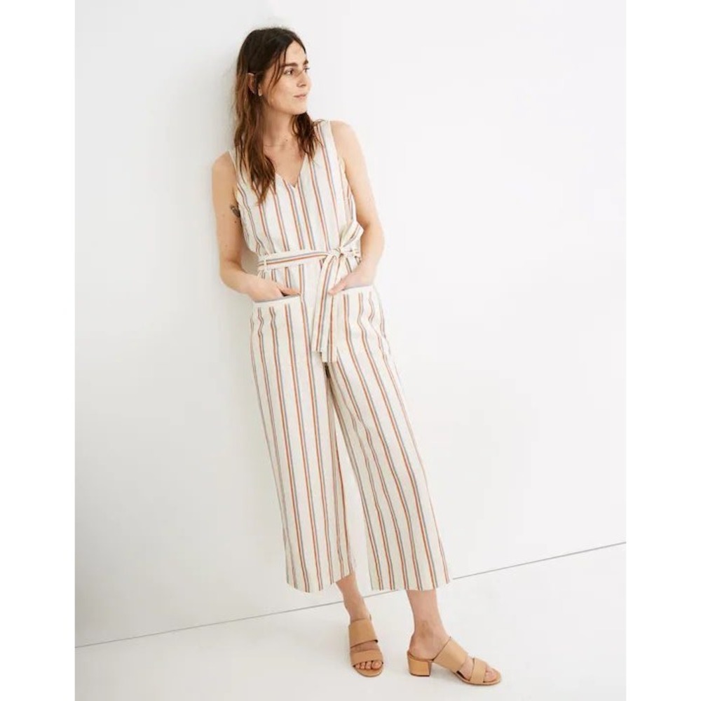 NEW Madewell Double Stripe Grey Feather Linen Cotton Utility Jumpsuit Small